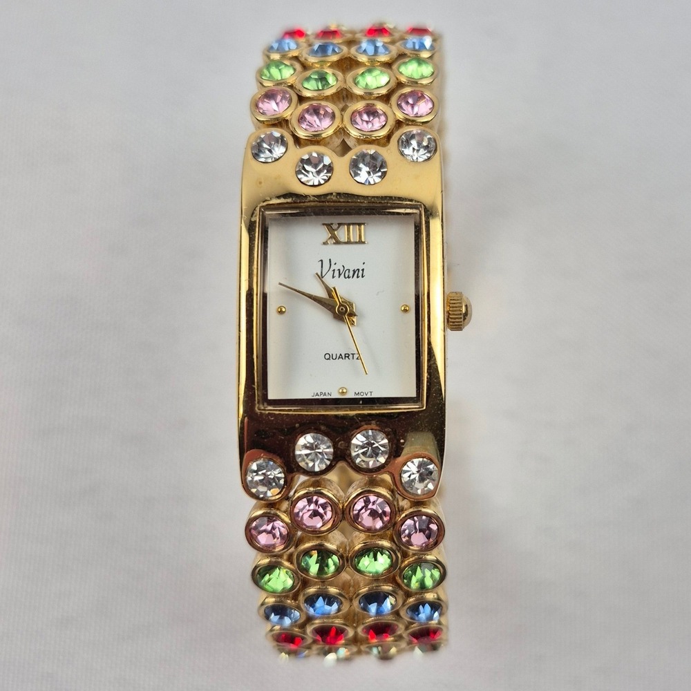 Vivani‎ Rhinestone Cuff Watch Gold Tone Multicolor Japan Movt Vtg Needs Battery